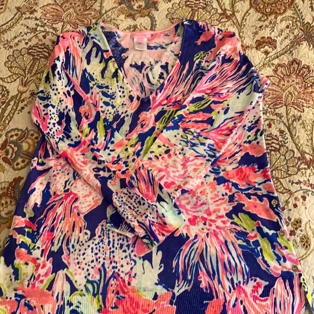 Lilly Pulitzer Multicolor Floral V-Neck Sweater (Pink, Navy, Lime)